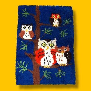 Large Vintage Handmade Owl Latch Hook Rug Wall Hanging Woodland 70s 29x20